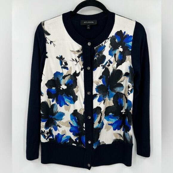 St. John Floral Cardigan Sweater Wool Cashmere Silk Buttons Navy Blue Petite 2 - Picture 1 of 12